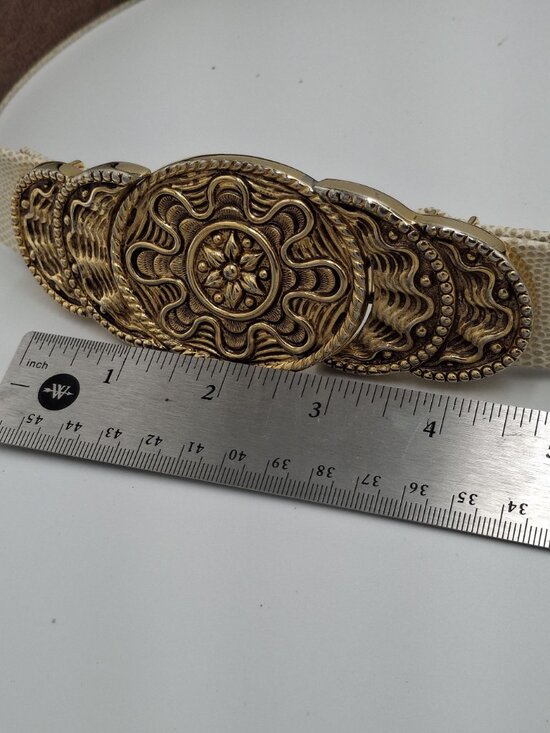 VTG 70s 80s Ornate  Gold-Tone Buckle Embossed Beige/Brown  Textured  Belt main image 7